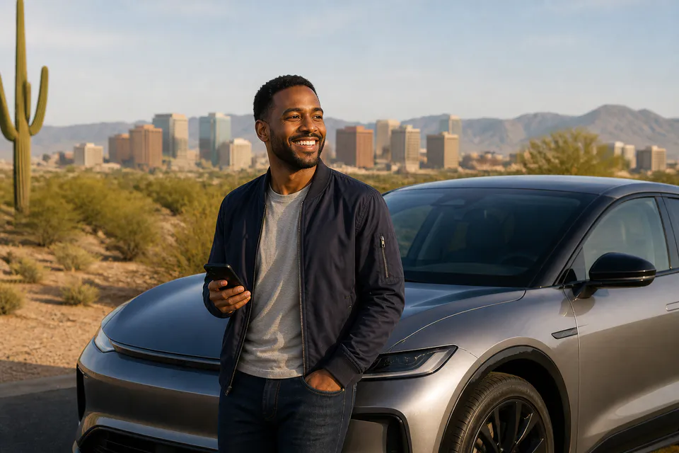 RainesWay Partner with an electrified vehicle overlooking a desert city.